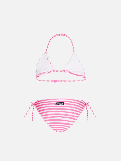 Bikini da bambina a triangolo con righe rosa fluo