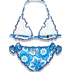 Bikini da bambina a triangolo con stampa maiolica