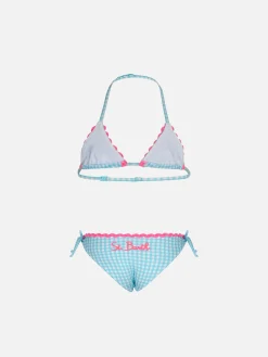 Bikini da bambina a triangolo con stampa vichy celeste