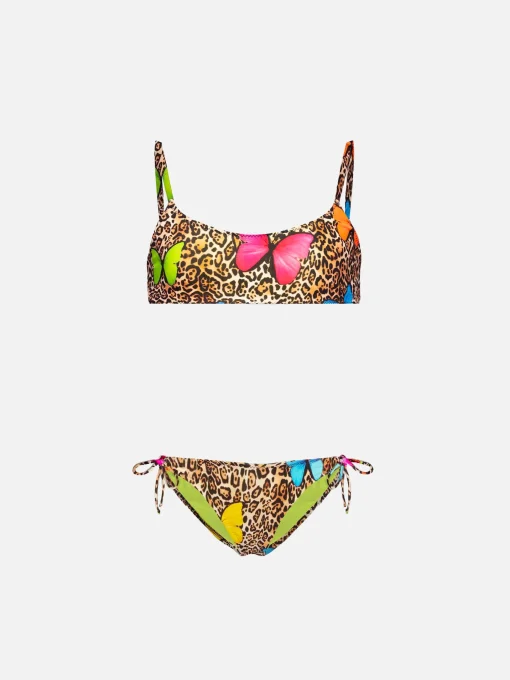Bikini da bambina stampa animalier con farfalle