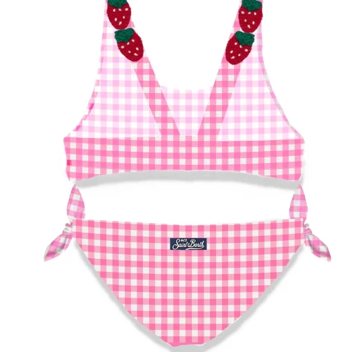 Bikini da bambina stampa vichy rosa con fragola applicata