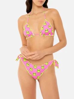 Bikini da donna a triangolo con stampa smile gialla
