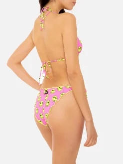 Bikini da donna a triangolo con stampa smile gialla