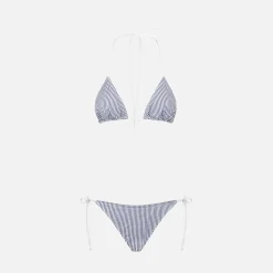 Bikini da donna a triangolo in seersucker con stampa a righe