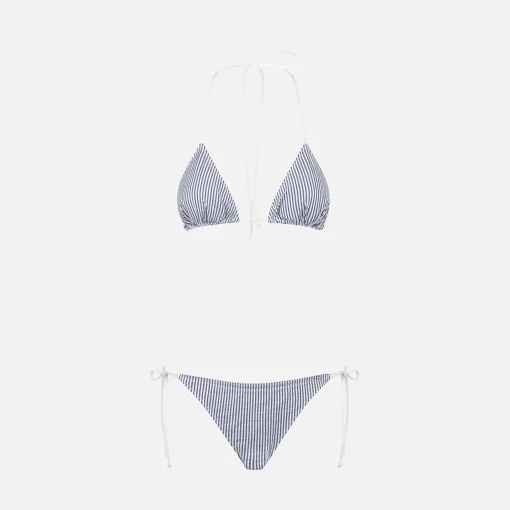 Bikini da donna a triangolo in seersucker con stampa a righe