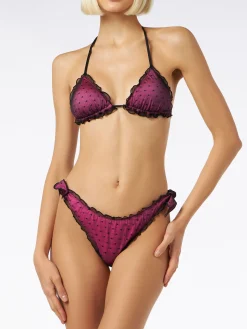 Bikini fucsia lucido con tulle nero a pois