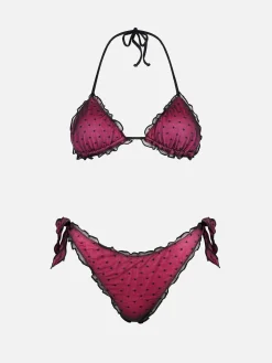 Bikini fucsia lucido con tulle nero a pois