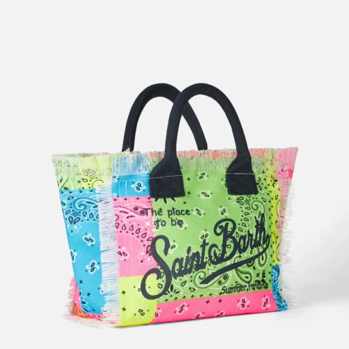Borsa a mano Colette in canvas di cotone con stampa bandana fluo