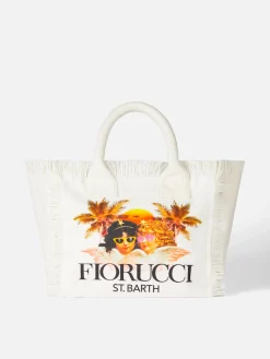 Borsa a mano Colette in tela di cotone bianca con stampa Angeli Fiorucci | FIORUCCI SPECIAL EDITION