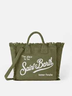 Borsa a mano Colette Linen verde militare con stampa logo Saint Barth