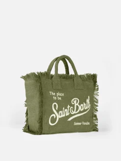 Borsa a mano Colette Linen verde militare con stampa logo Saint Barth