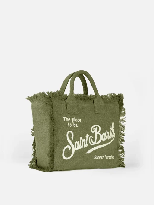 Borsa a mano Colette Linen verde militare con stampa logo Saint Barth