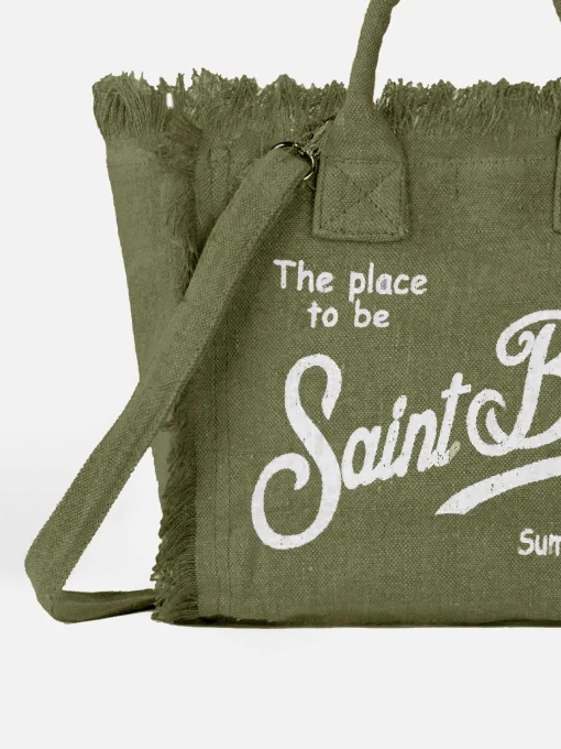 Borsa a mano Colette Linen verde militare con stampa logo Saint Barth