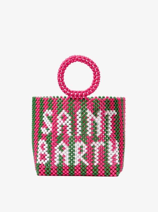 Borsa a mano con perline a righe rosa e verdi