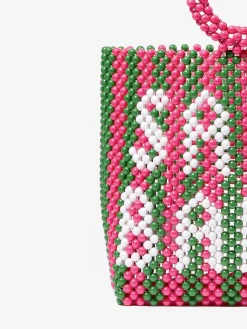 Borsa a mano con perline a righe rosa e verdi