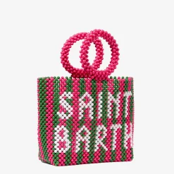 Borsa a mano con perline a righe rosa e verdi
