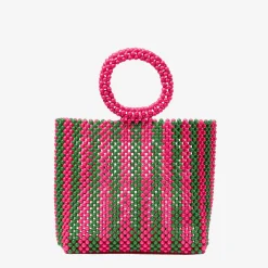 Borsa a mano con perline a righe rosa e verdi