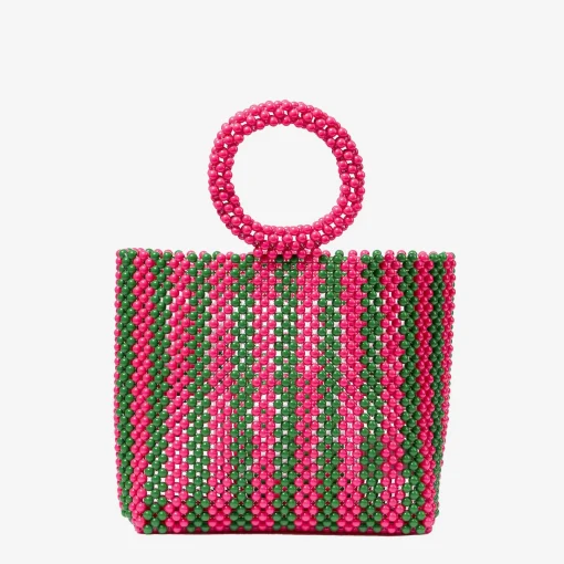 Borsa a mano con perline a righe rosa e verdi