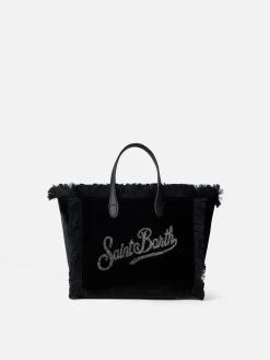 Borsa a mano Mini Vanity in velluto nero con logo Saint Barth in strass