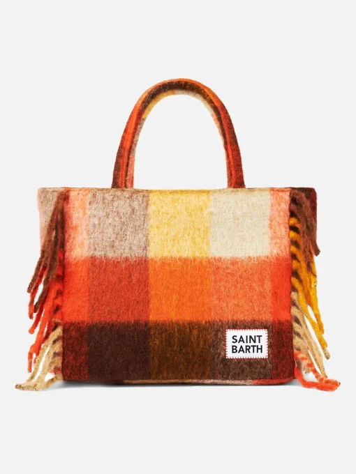 Borsa a spalla coperta Vanity con check multicolor e frange
