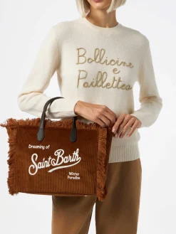 Borsa Colette in velluto a coste marrone con ricamo del logo