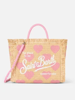 Borsa Colette Raffia beige naturale con ricamo a cuori