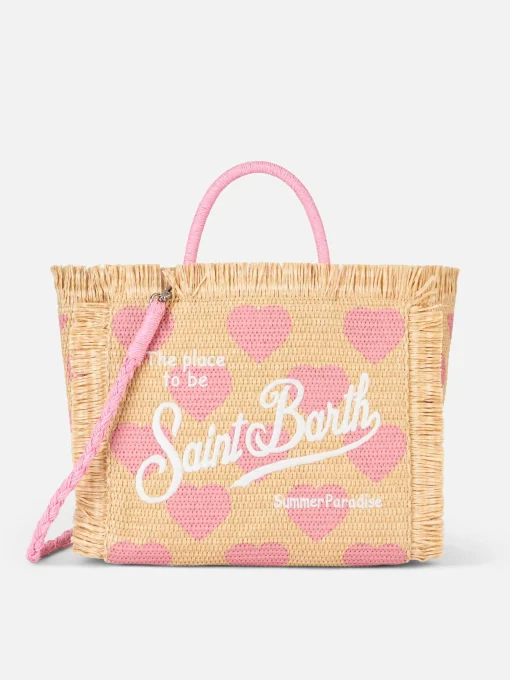 Borsa Colette Raffia beige naturale con ricamo a cuori