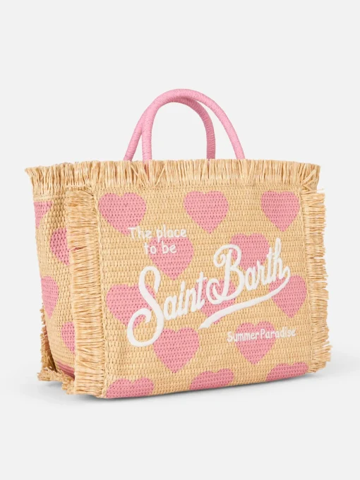 Borsa Colette Raffia beige naturale con ricamo a cuori