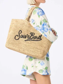 Borsa da spiaggia in rafia a righe beige con custodia in cotone
