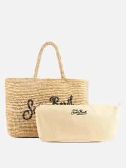 Borsa da spiaggia in rafia a righe beige con custodia in cotone
