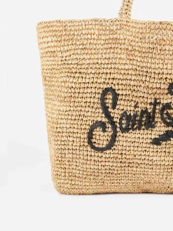 Borsa da spiaggia in rafia a righe beige con custodia in cotone