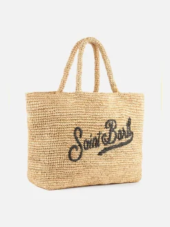 Borsa da spiaggia in rafia a righe beige con custodia in cotone