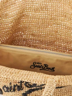 Borsa da spiaggia in rafia a righe beige con custodia in cotone