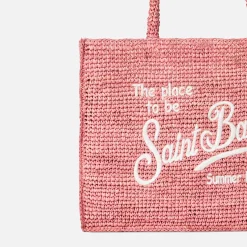 Borsa in rafia rosa Vanity con ricamo Saint Barth