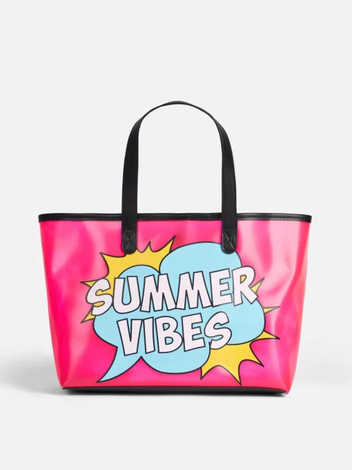 Borsa mare rosa in pvc trasparente con stampa Summer Vibes