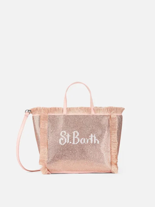 Borsa Mini Vanity con frange e strass rose gold
