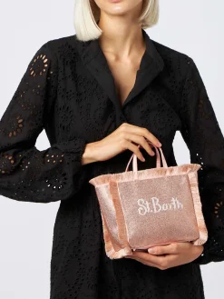 Borsa Mini Vanity con frange e strass rose gold