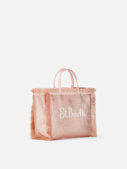 Borsa Mini Vanity con frange e strass rose gold