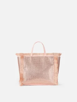 Borsa Mini Vanity con frange e strass rose gold