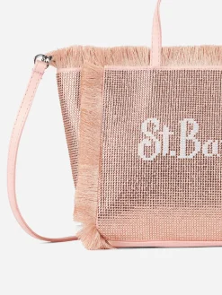 Borsa Mini Vanity con frange e strass rose gold