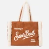 Borsa piccola morbida in pelle di montone color cammello con logo Saint Barth e tracolla