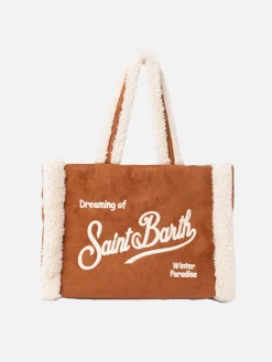 Borsa piccola morbida in pelle di montone color cammello con logo Saint Barth e tracolla