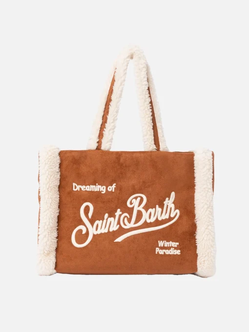 Borsa piccola morbida in pelle di montone color cammello con logo Saint Barth e tracolla