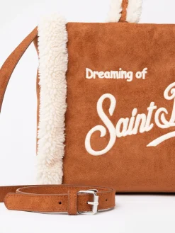 Borsa piccola morbida in pelle di montone color cammello con logo Saint Barth e tracolla