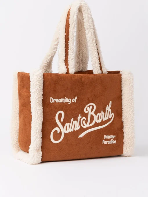 Borsa piccola morbida in pelle di montone color cammello con logo Saint Barth e tracolla