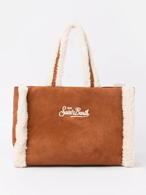 Borsa piccola morbida in pelle di montone color cammello con logo Saint Barth e tracolla