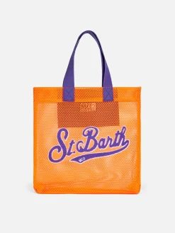 Borsa shopper in rete arancione con ricamo frontale in spugna