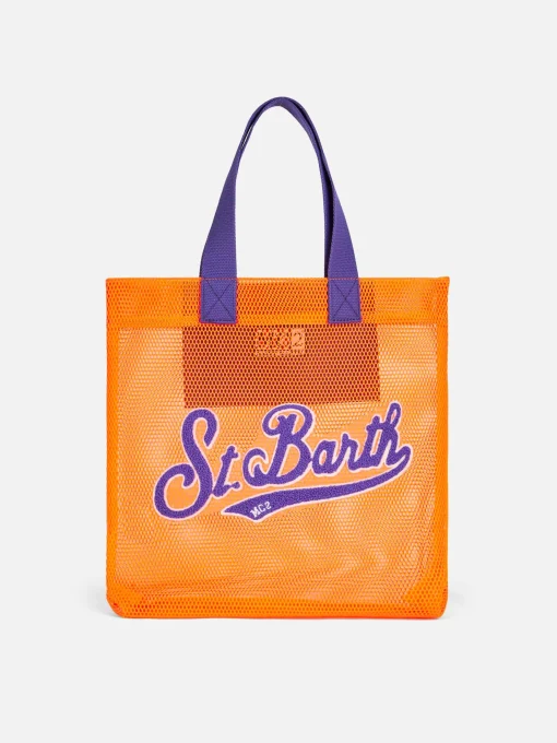 Borsa shopper in rete arancione con ricamo frontale in spugna