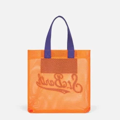 Borsa shopper in rete arancione con ricamo frontale in spugna