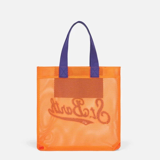 Borsa shopper in rete arancione con ricamo frontale in spugna